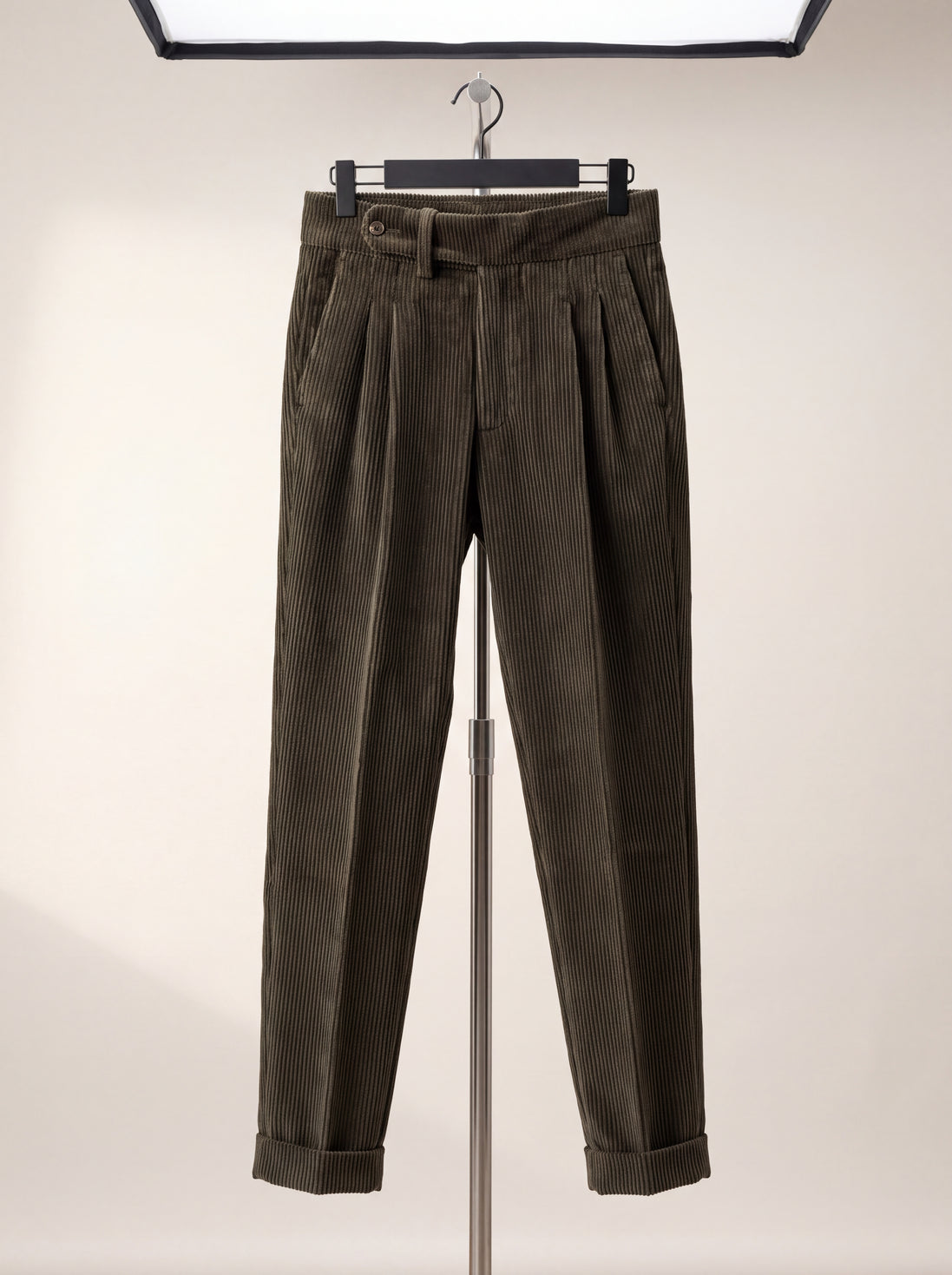 Wide-Wale Corduroy Pleated Trousers — Olive