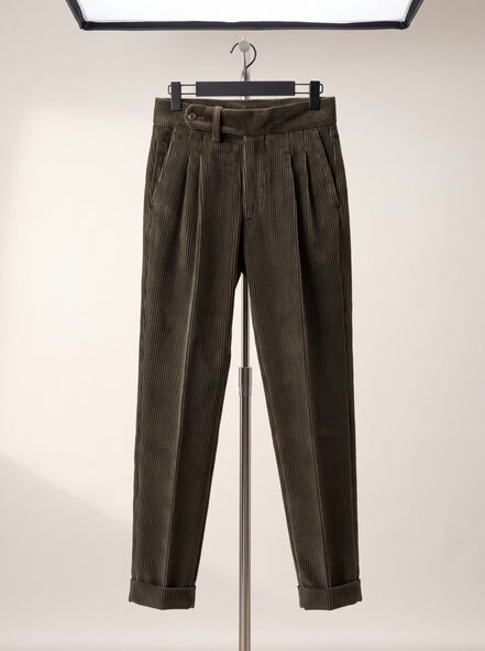 Wide-Wale Corduroy Pleated Trousers — Olive