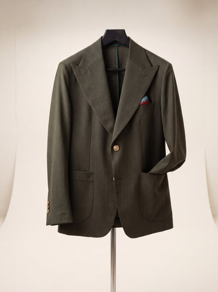Peak-Lapel Single-Button Jacket — Olive