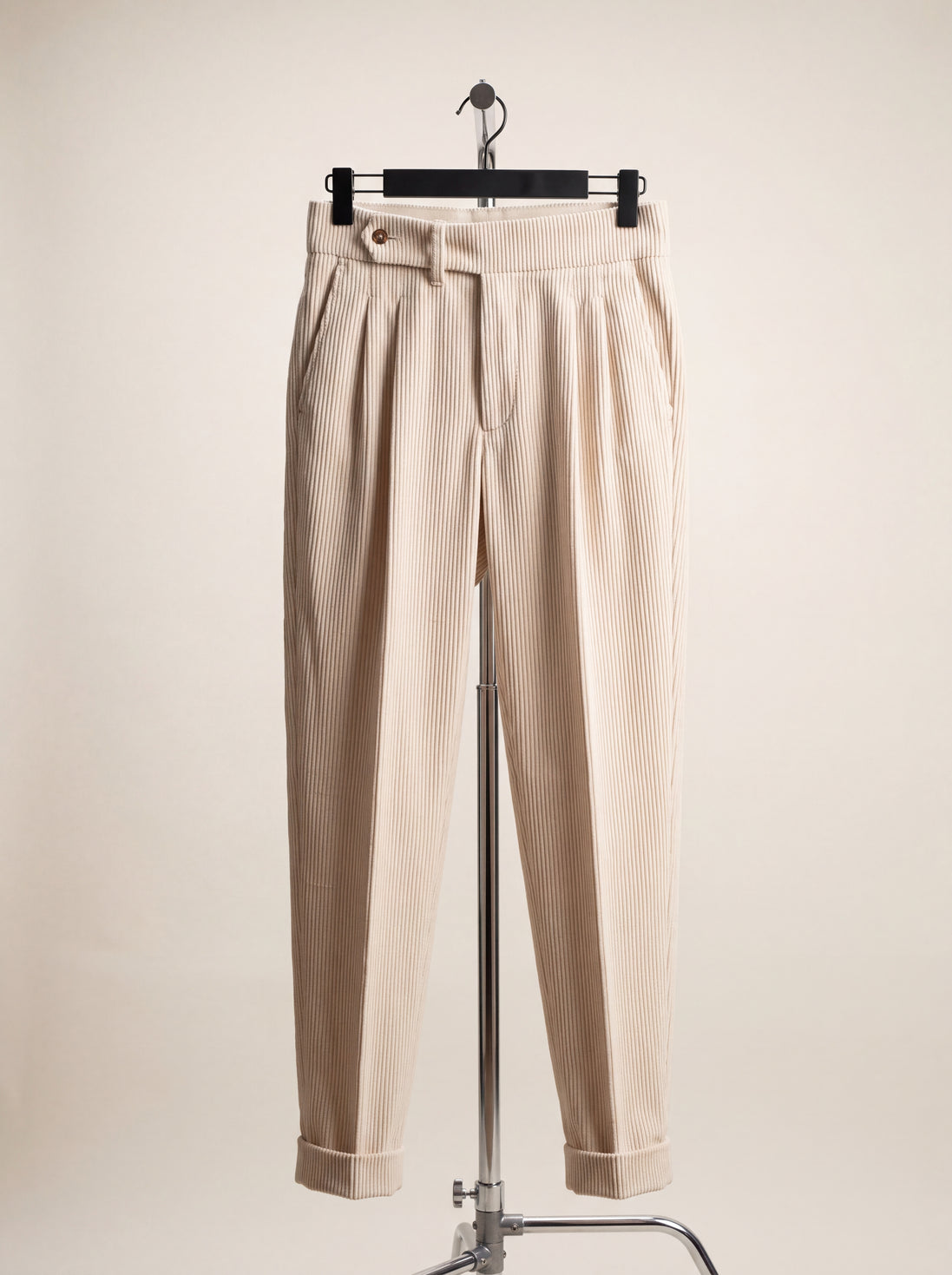 Wide-Wale Corduroy Pleated Trousers — Cream