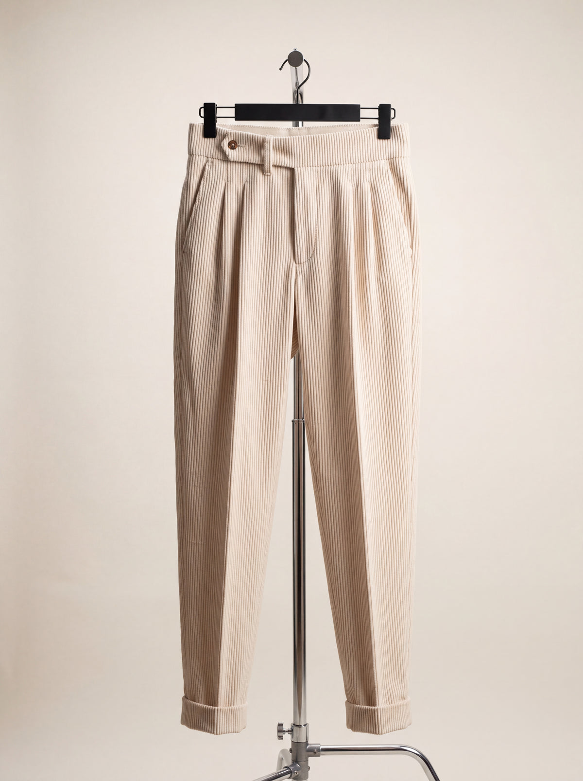Wide-Wale Corduroy Pleated Trousers — Cream