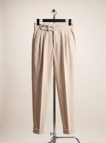 Wide-Wale Corduroy Pleated Trousers — Cream