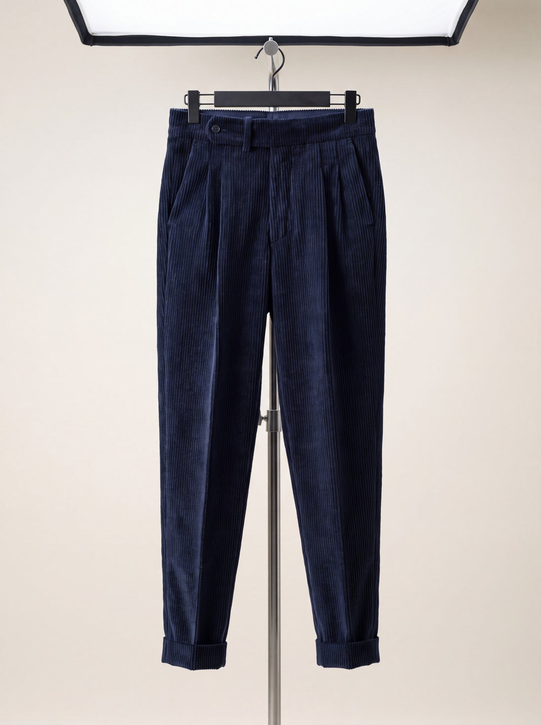 Wide-Wale Corduroy Pleated Trousers — Navy