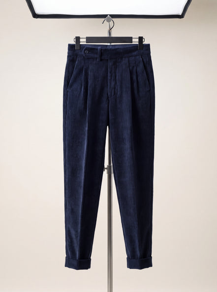 Wide-Wale Corduroy Pleated Trousers — Navy